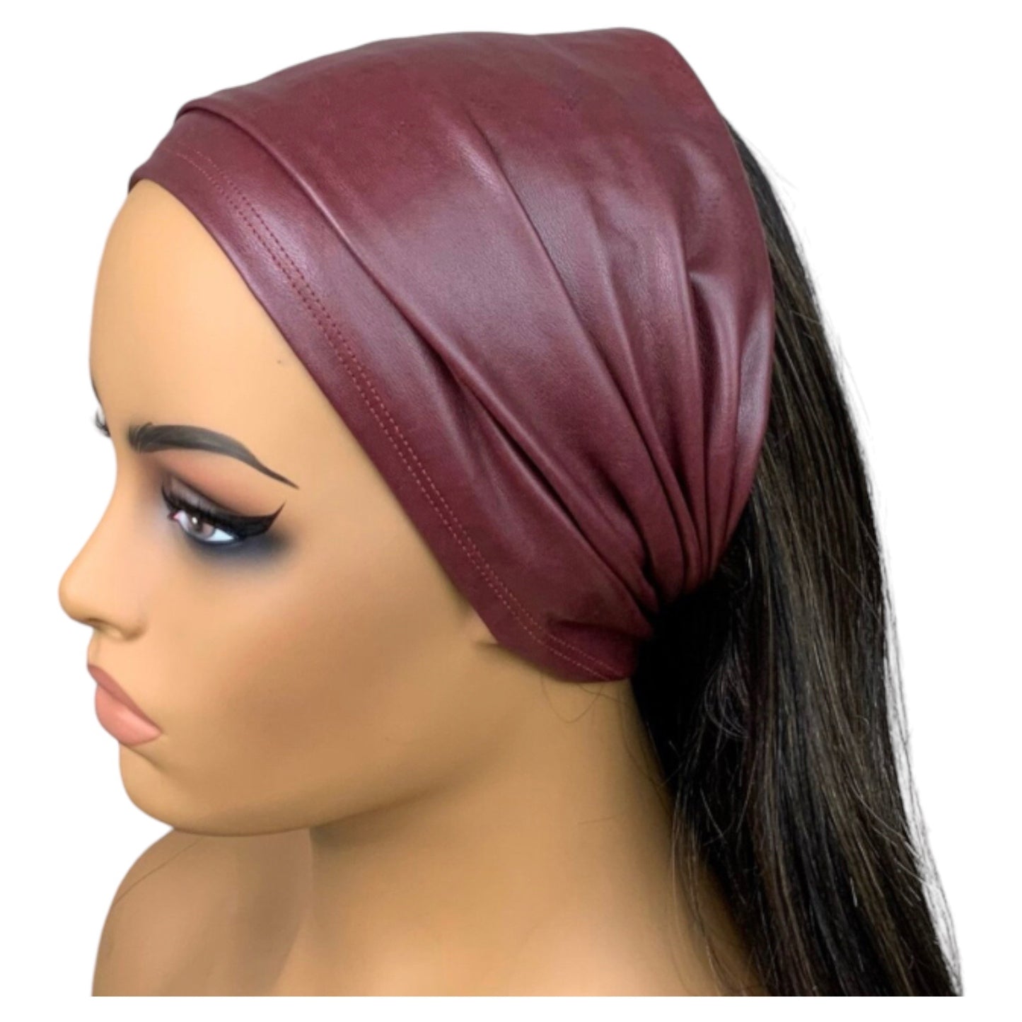 Burgundy Red Faux Leather Wide Scrunch Headband