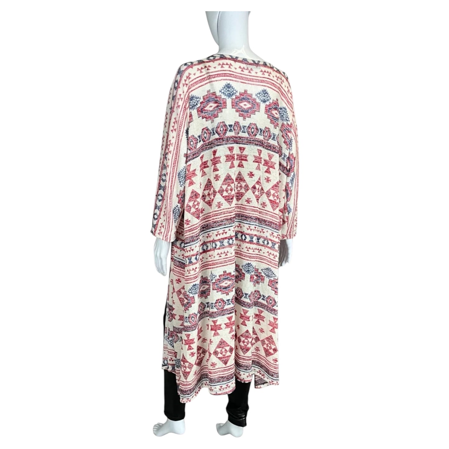 Red, Off White and Blue Print Long Kimono