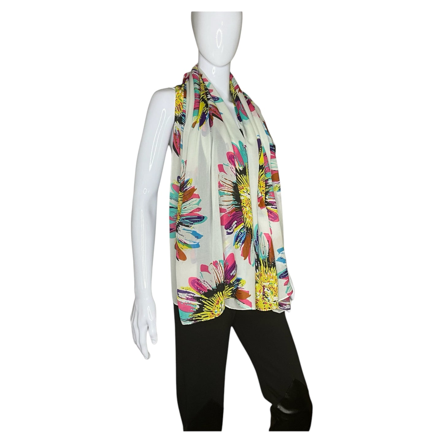 White Sunflower Print Silk Chiffon Scarf