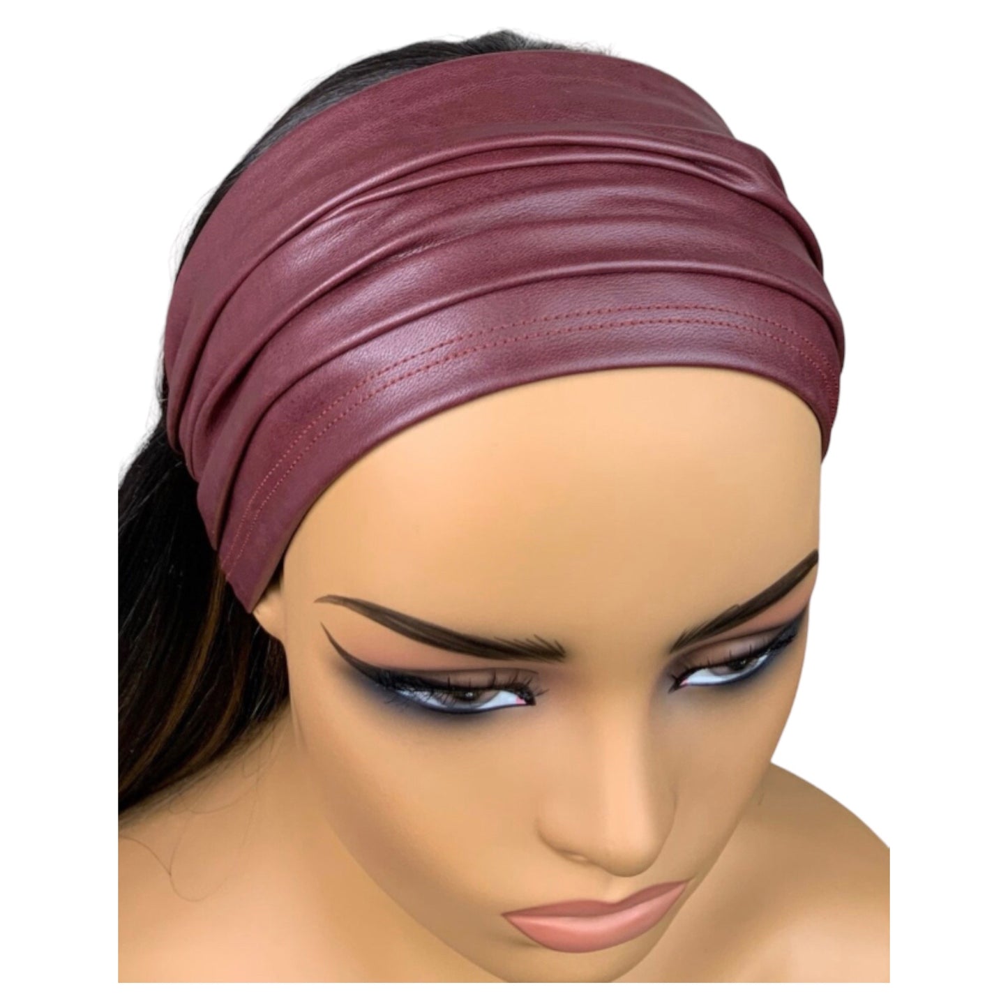 Burgundy Red Faux Leather Wide Scrunch Headband