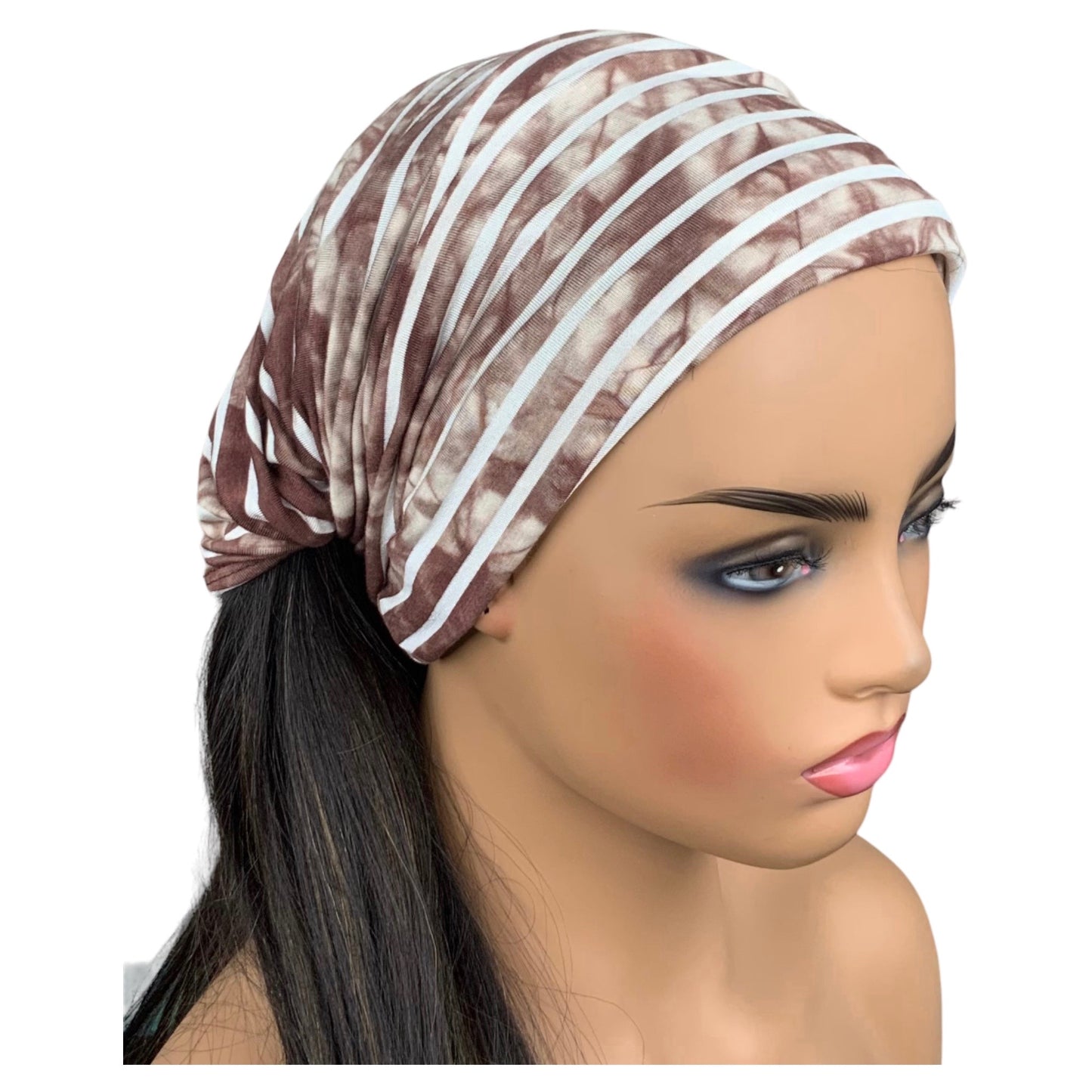 Brown and White Stripe Print Wide Scrunch Headband, Unisex print