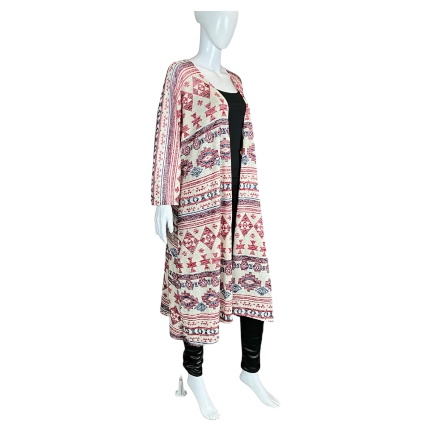 Red, Off White and Blue Print Long Kimono
