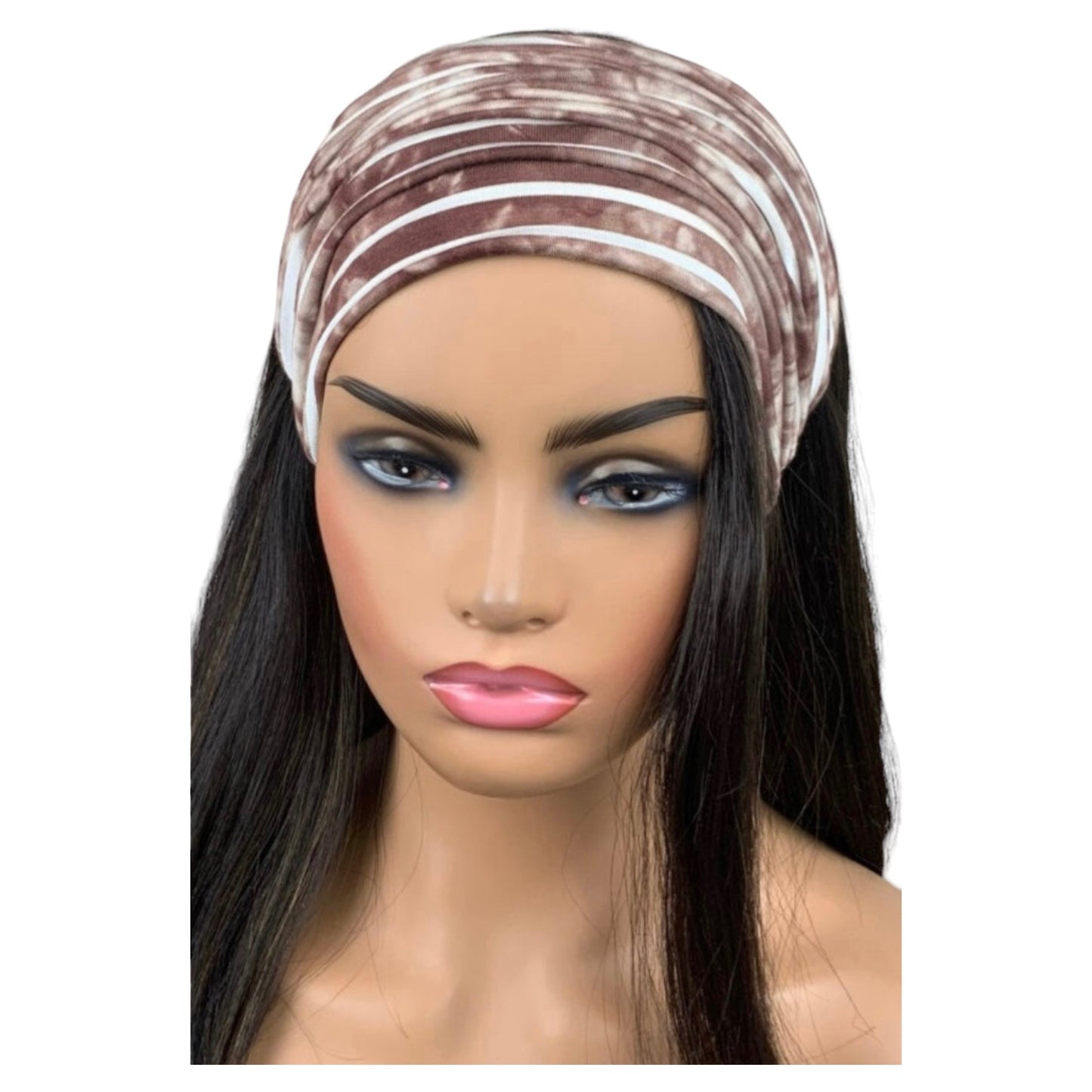 Brown and White Stripe Print Wide Scrunch Headband, Unisex print