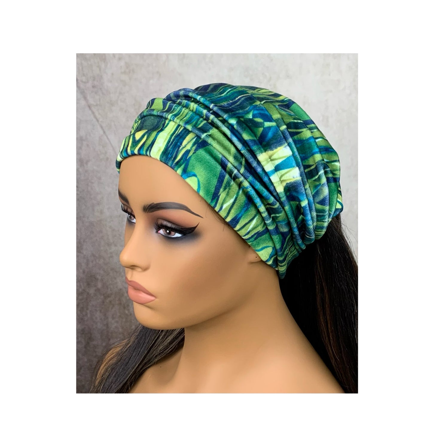 Green and Blue Print Wide Scrunch Headband