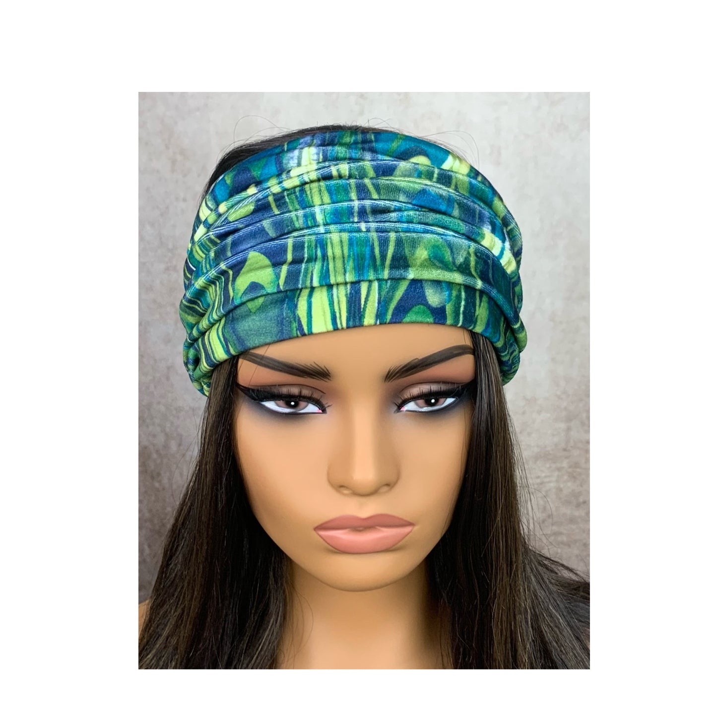 Green and Blue Print Wide Scrunch Headband