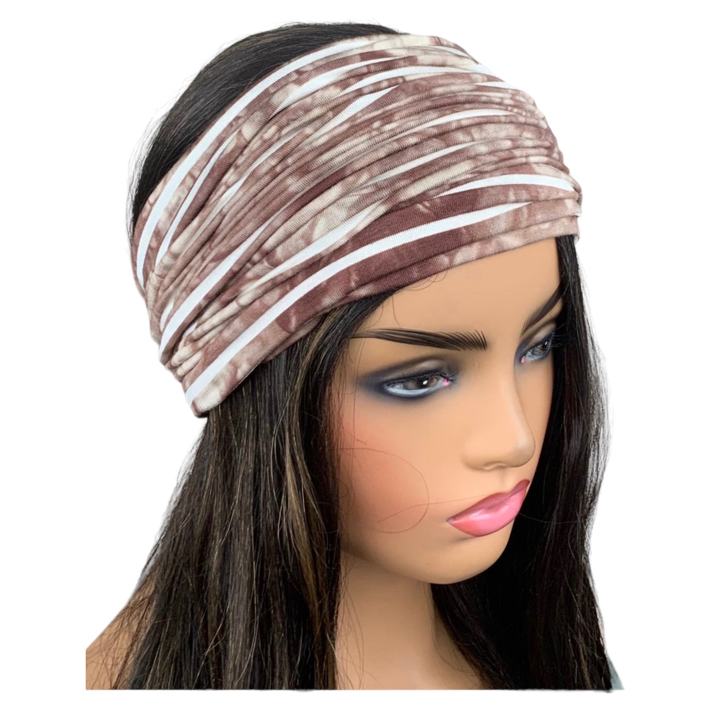 Brown and White Stripe Print Wide Scrunch Headband, Unisex print