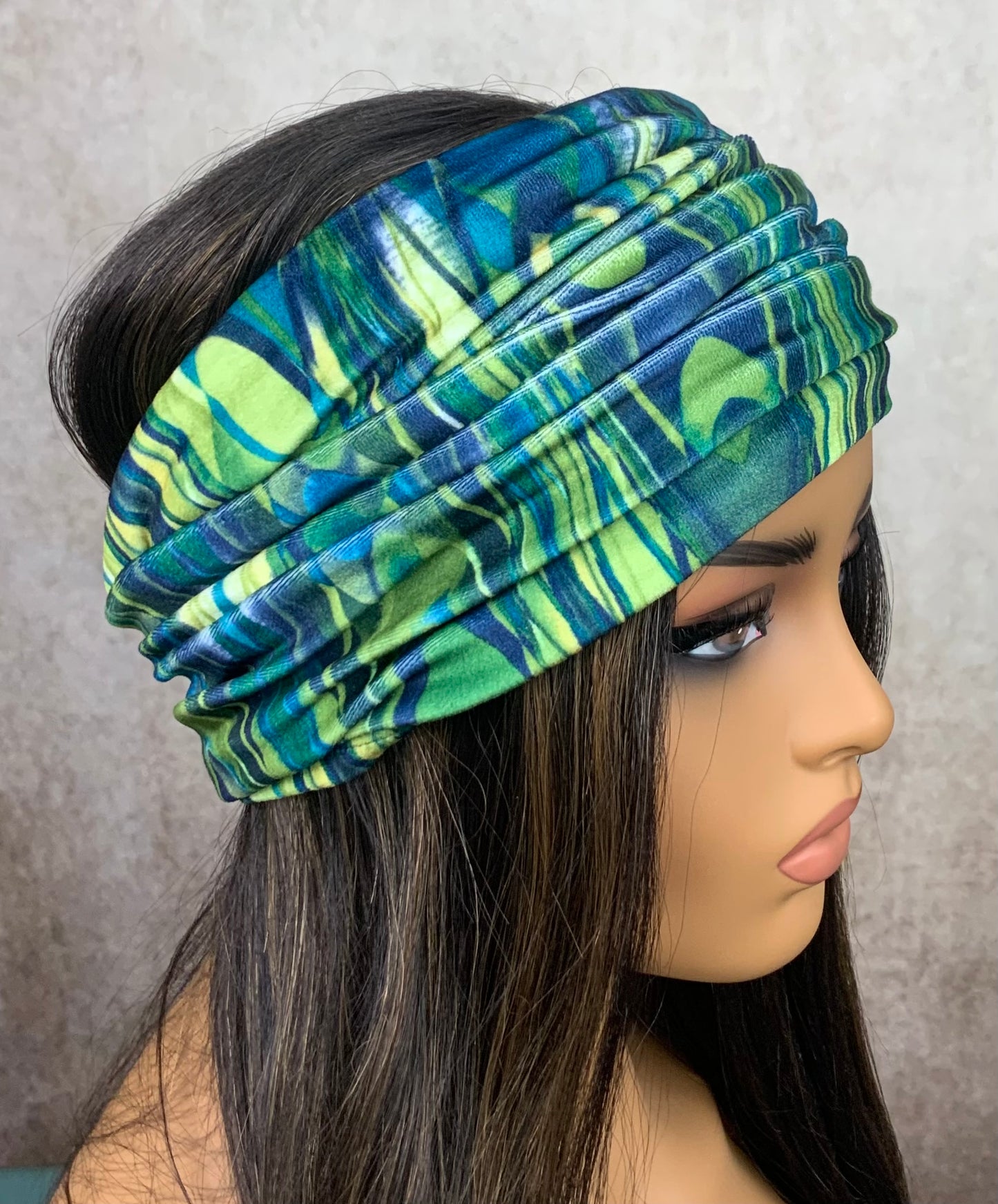Green and Blue Print Wide Scrunch Headband