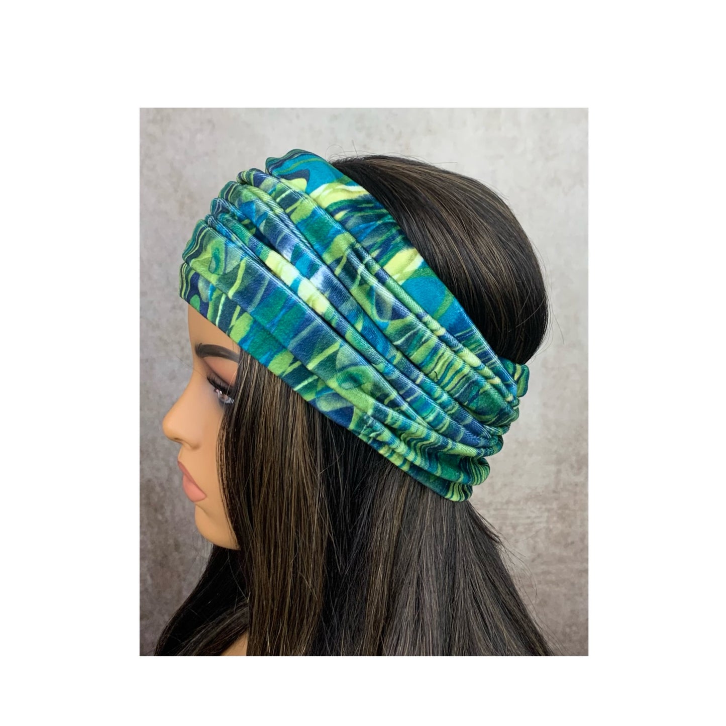 Green and Blue Print Wide Scrunch Headband