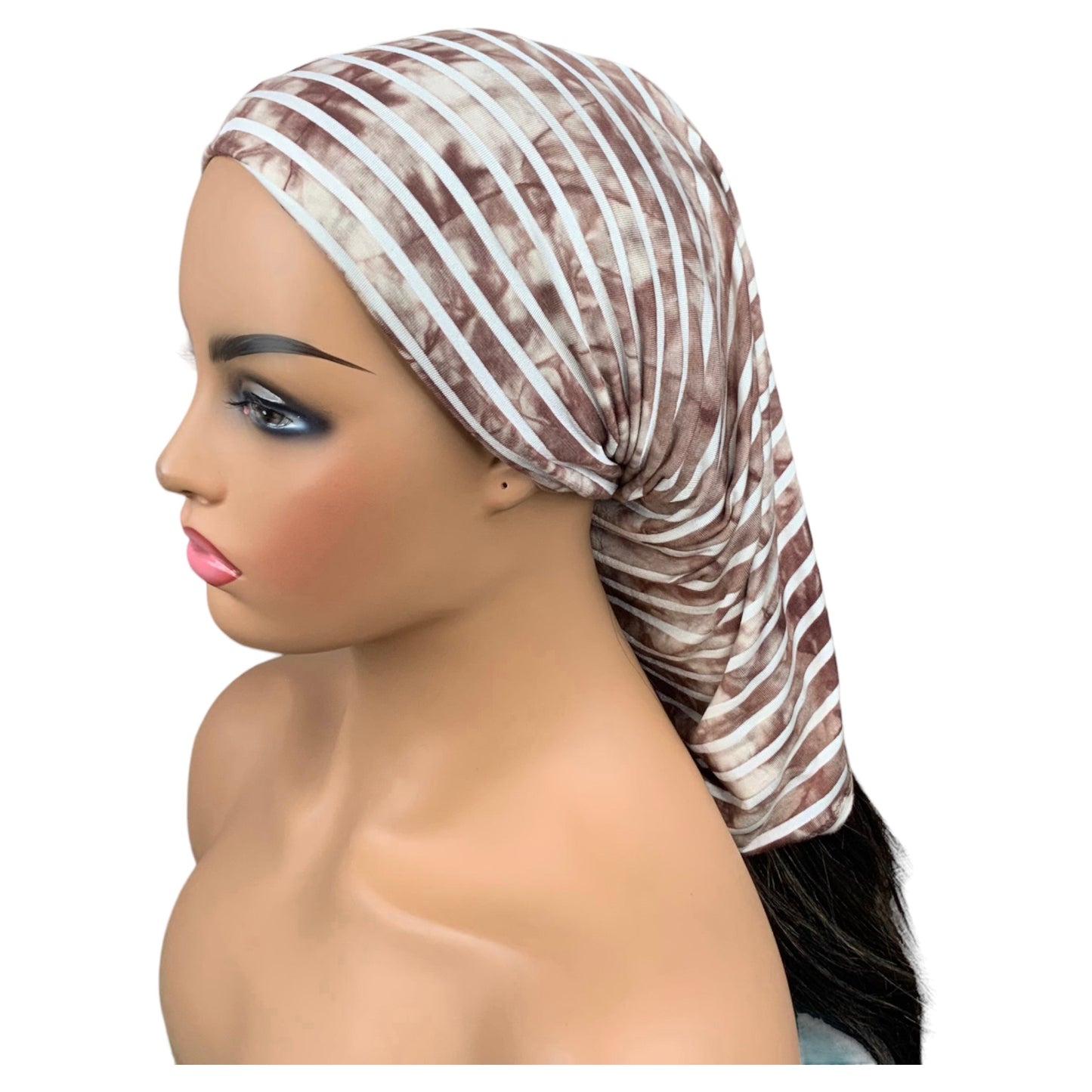 Brown and White Stripe Print Wide Scrunch Headband, Unisex print