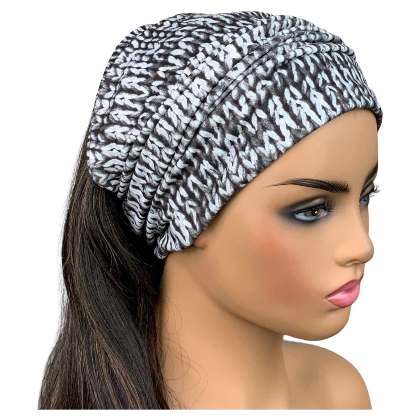 Black and White Knit Print Wide Scrunch Headband