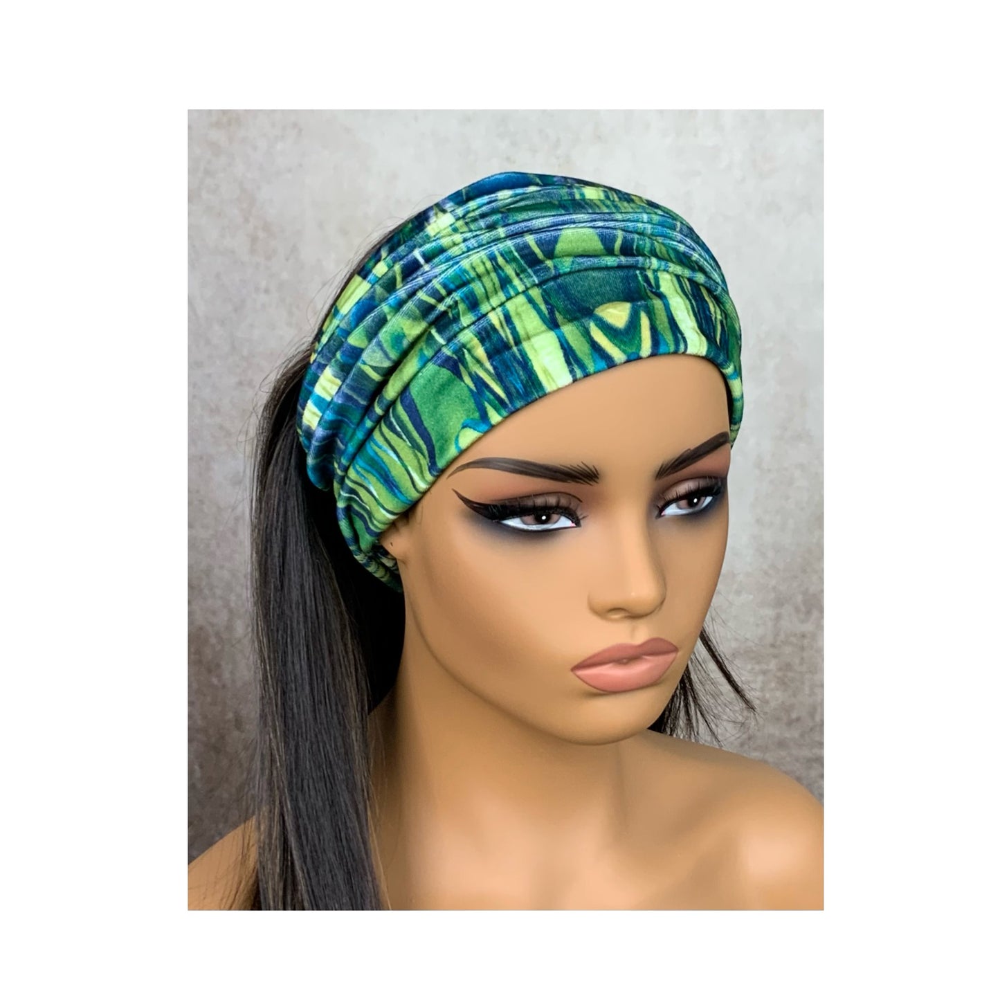 Green and Blue Print Wide Scrunch Headband