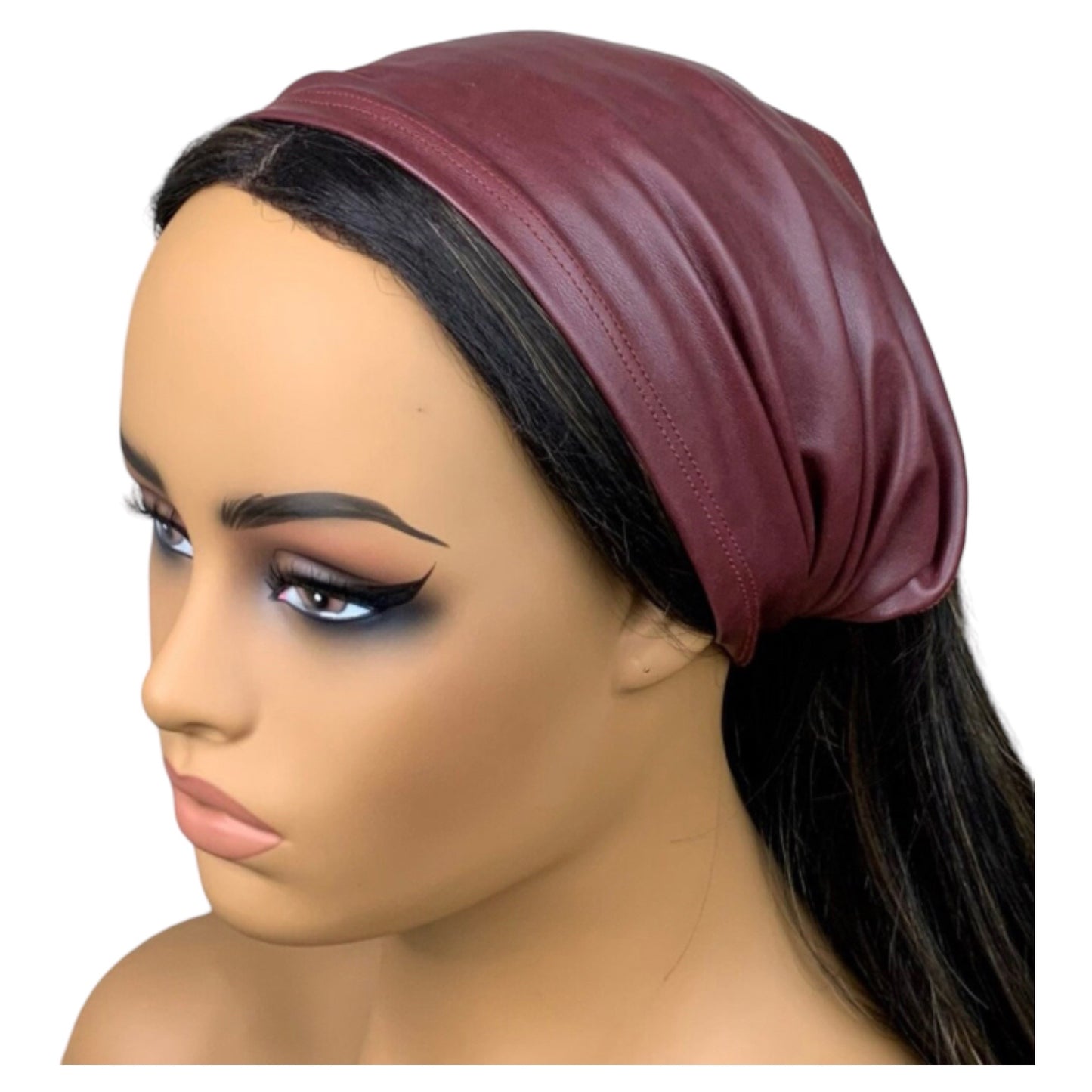 Burgundy Red Faux Leather Wide Scrunch Headband