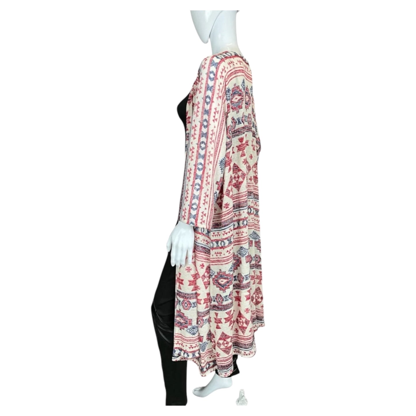 Red, Off White and Blue Print Long Kimono
