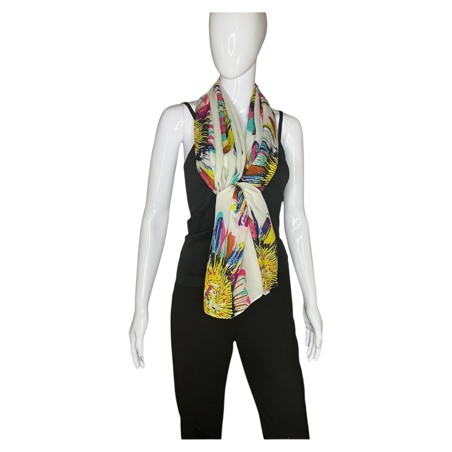 White Sunflower Print Silk Chiffon Scarf
