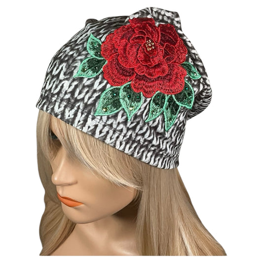 Black and White Sweater Knit Slouchy Beanie with Flower Appliqué