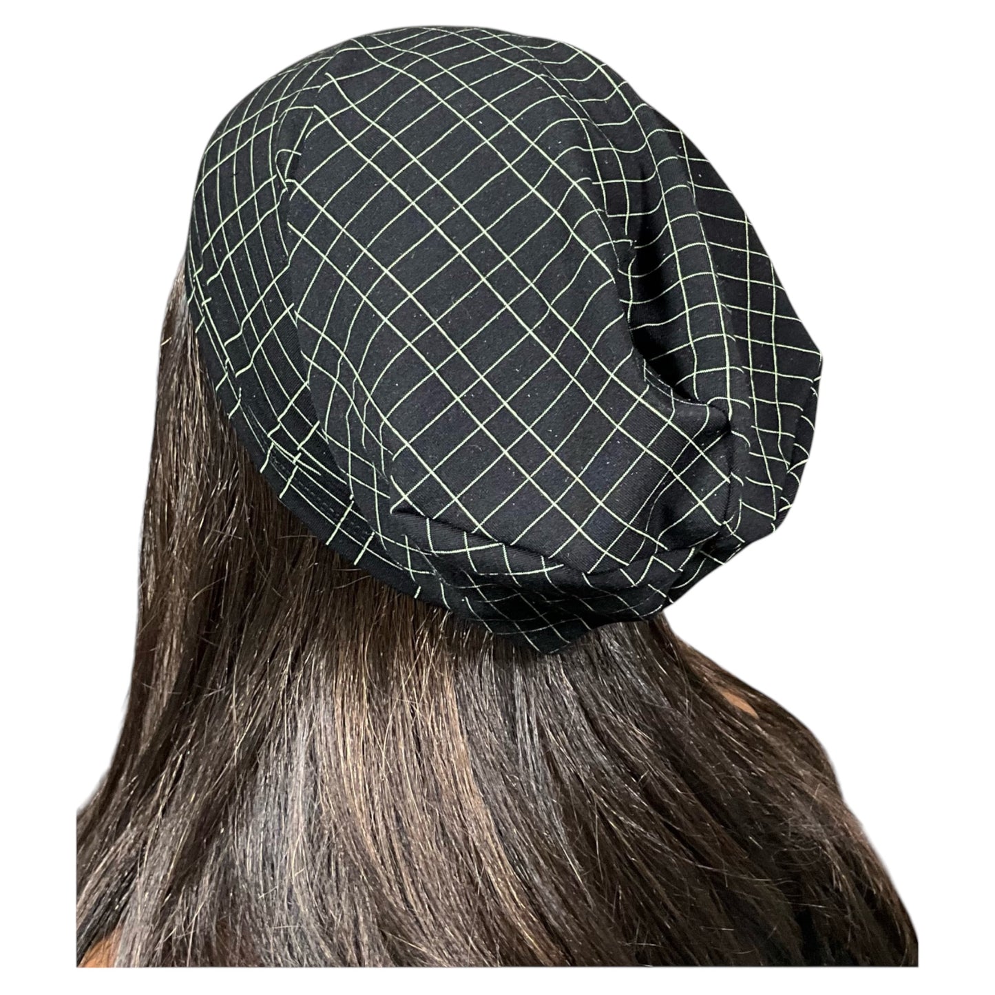 Black and Green Grid Print Slouchy Beanie Cap