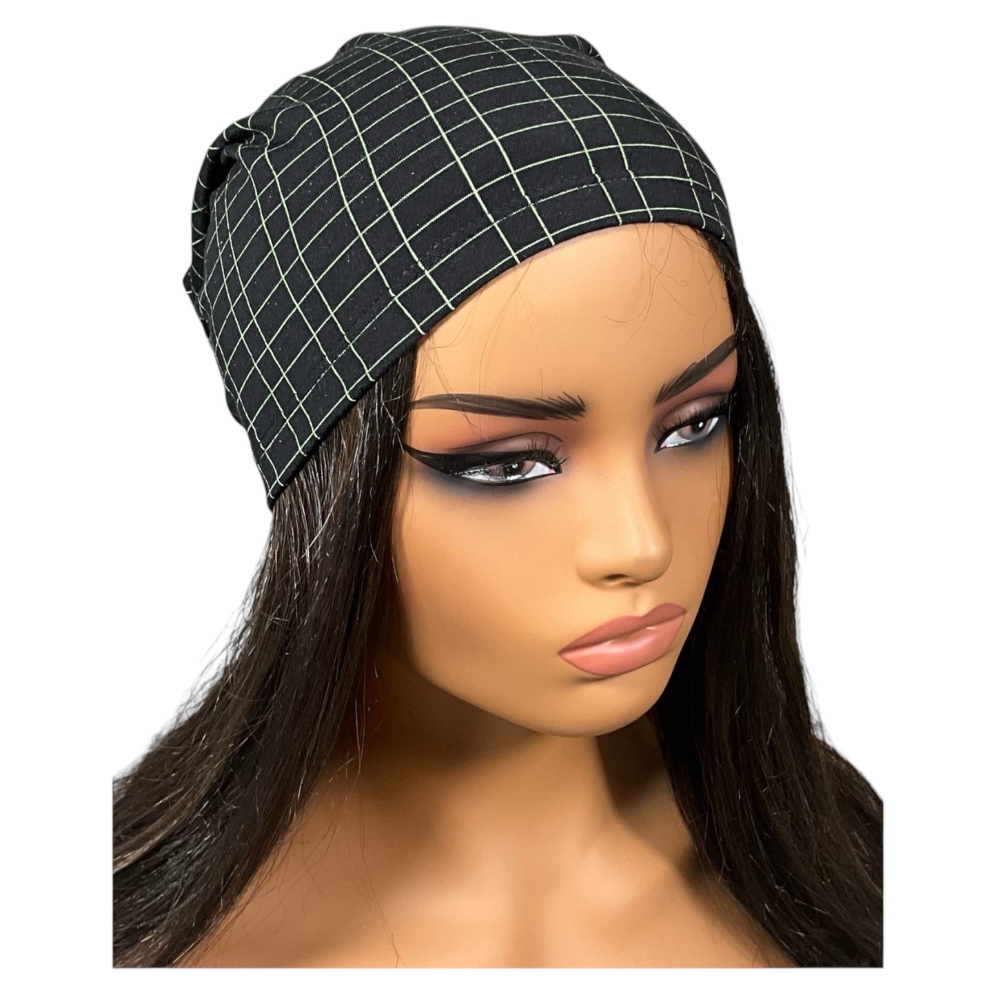 Black and Green Grid Print Slouchy Beanie Cap