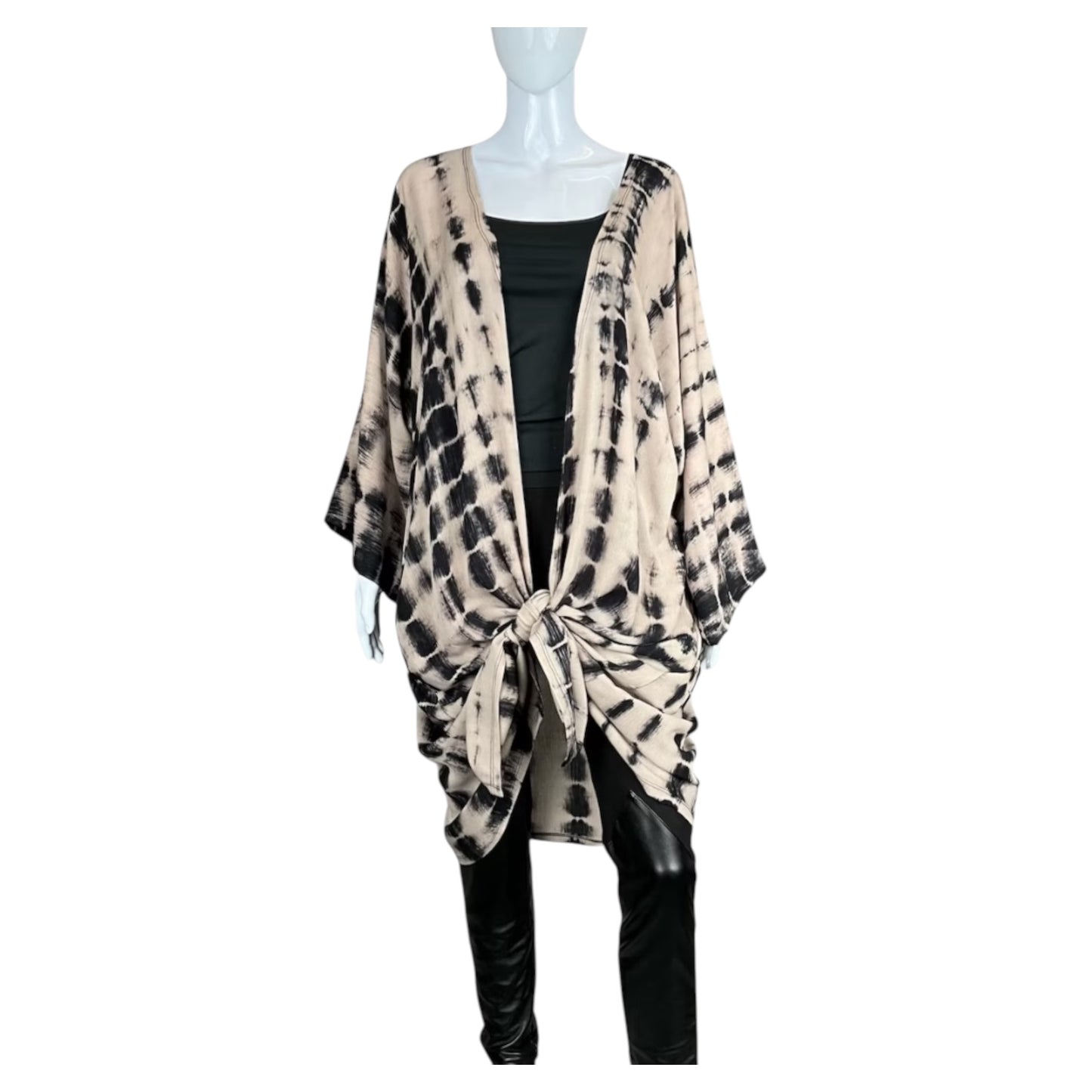 Beige and Black Batik Dyed Long Kimono