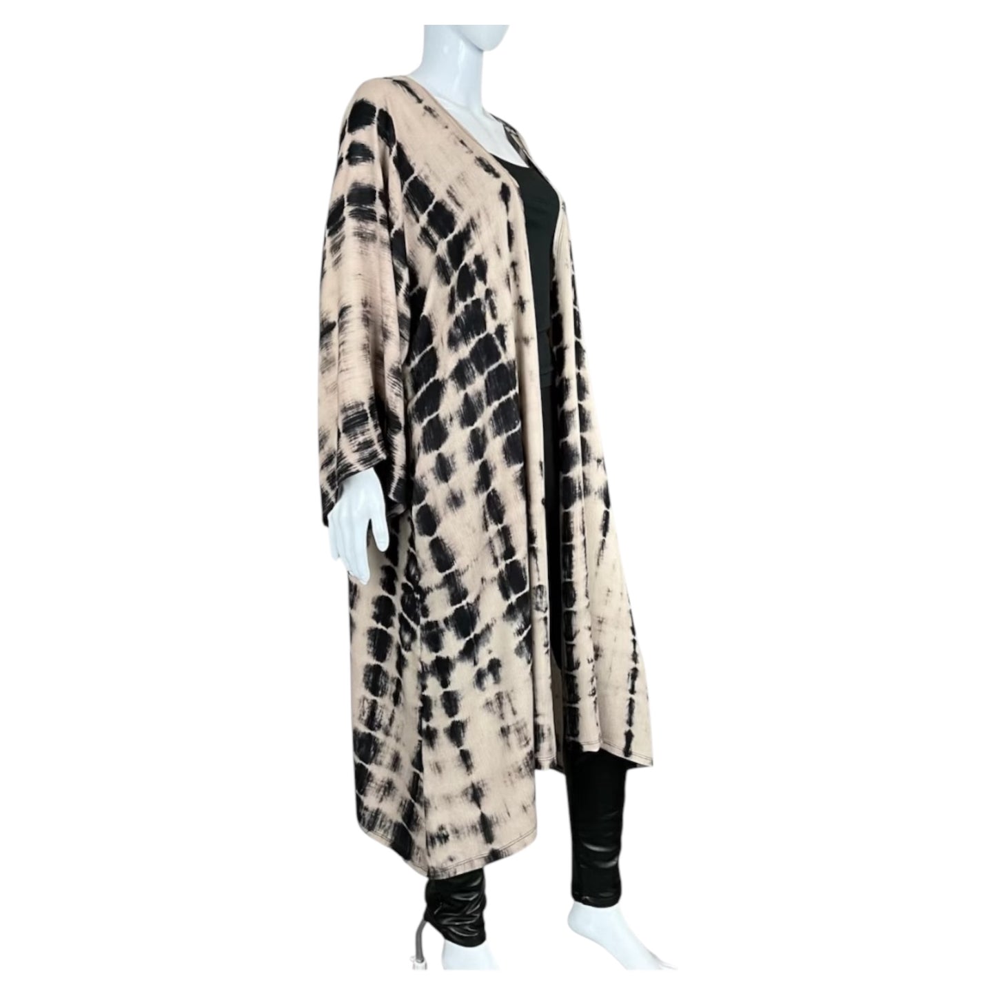 Beige and Black Batik Dyed Long Kimono