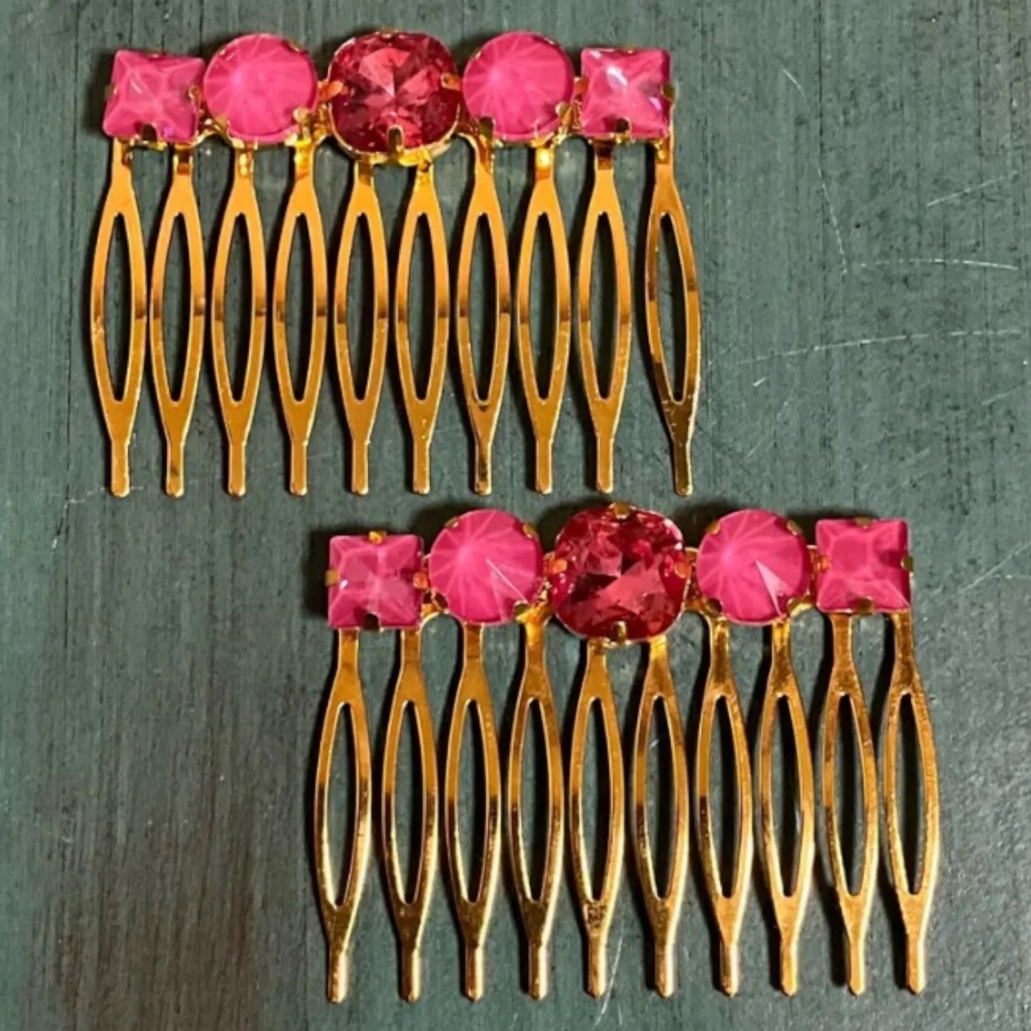 Pink Rhinestones on Gold Hair Comb Set