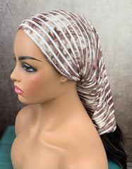 Brown and White Stripe Print Wide Scrunch Headband, Unisex print