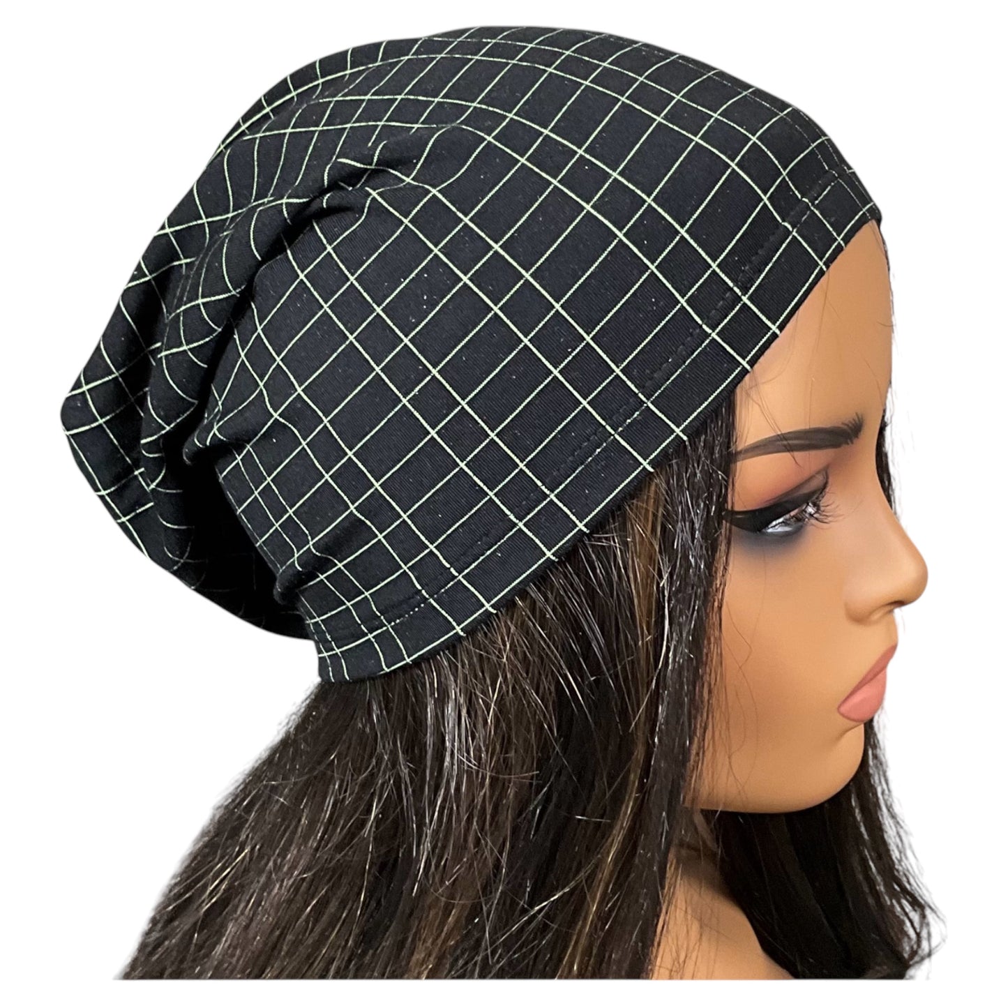 Black and Green Grid Print Slouchy Beanie Cap