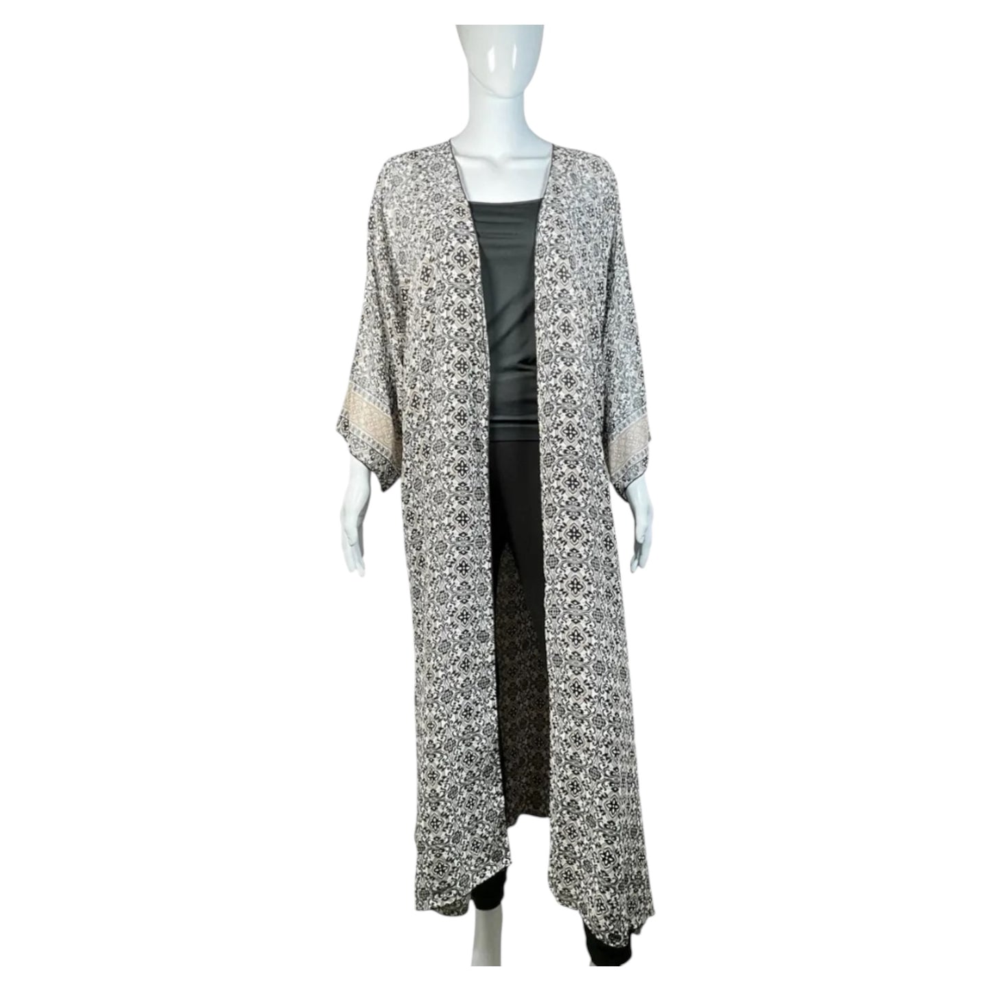 White Black and Beige Classic Print Long Kimono