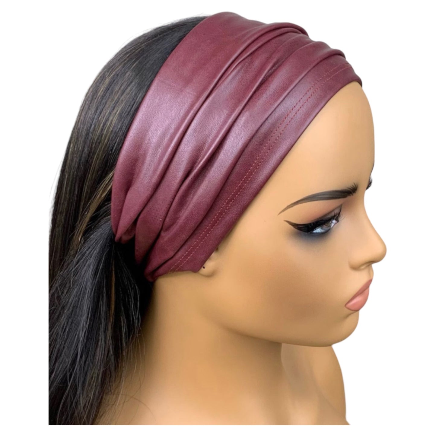 Burgundy Red Faux Leather Wide Scrunch Headband