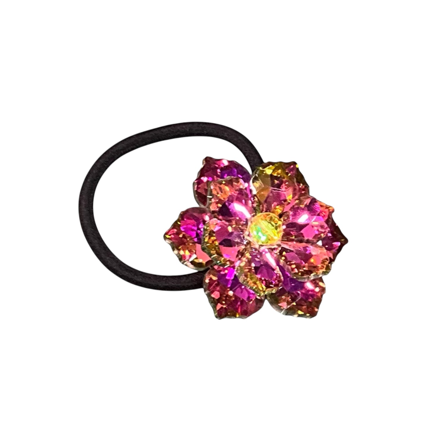 Fuchsia Pink and Yellow Rhinestone Flower Ponytail Holder