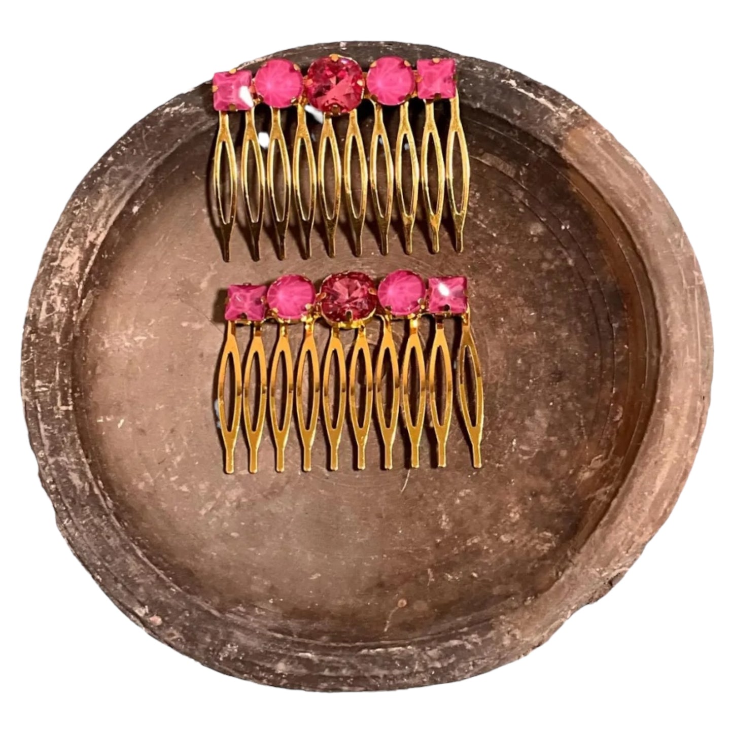 Pink Rhinestones on Gold Hair Comb Set