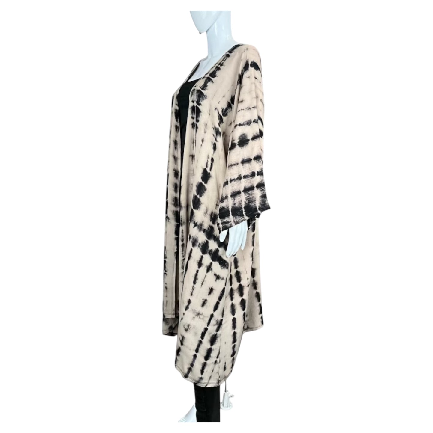 Beige and Black Batik Dyed Long Kimono