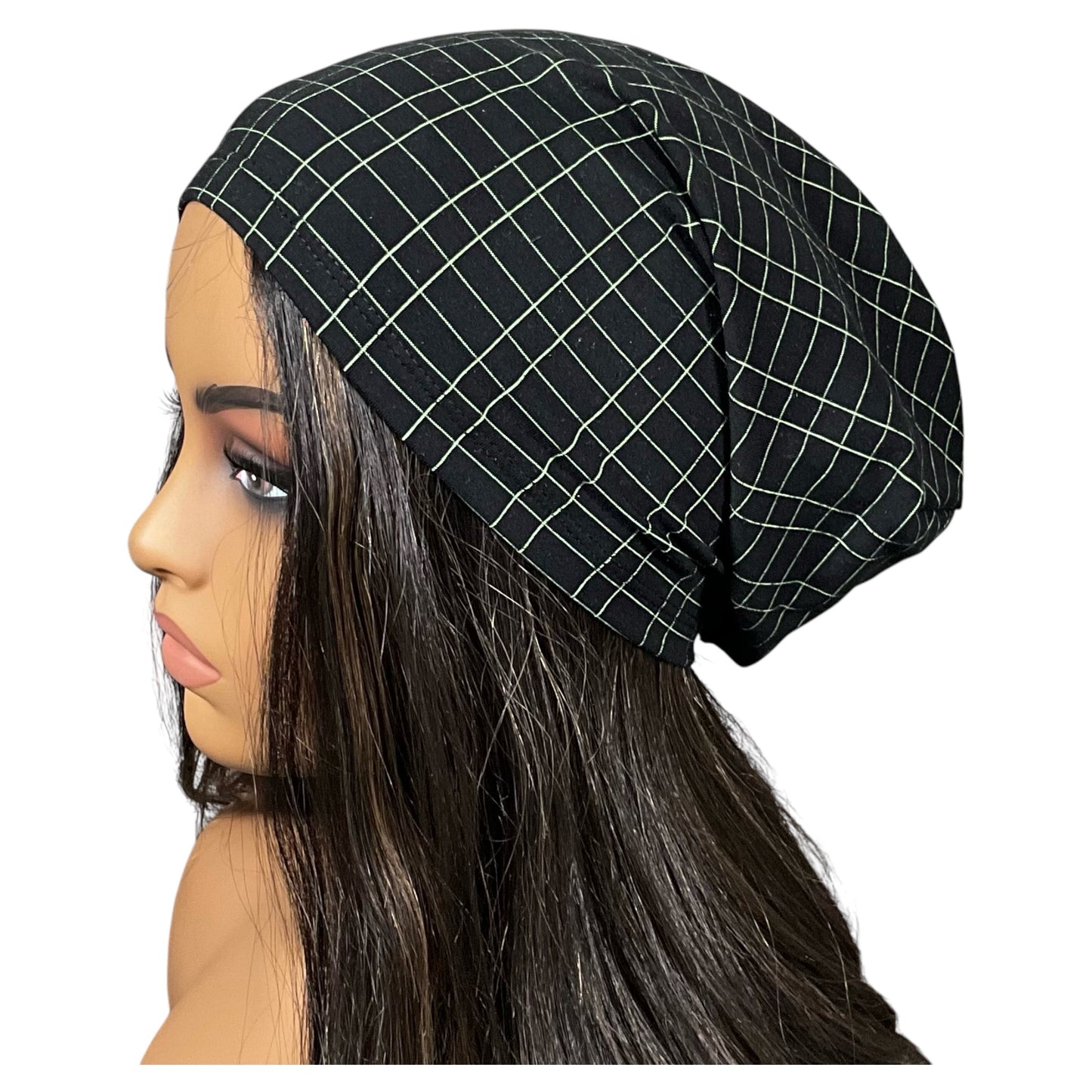 Black and Green Grid Print Slouchy Beanie Cap