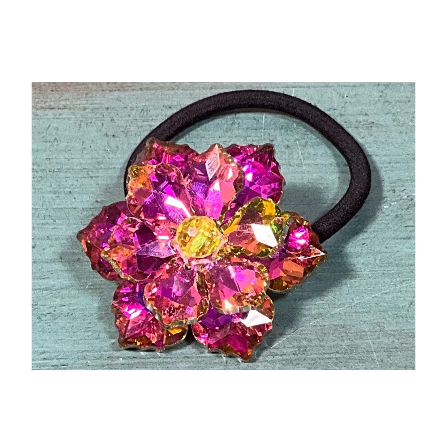 Fuchsia Pink and Yellow Rhinestone Flower Ponytail Holder