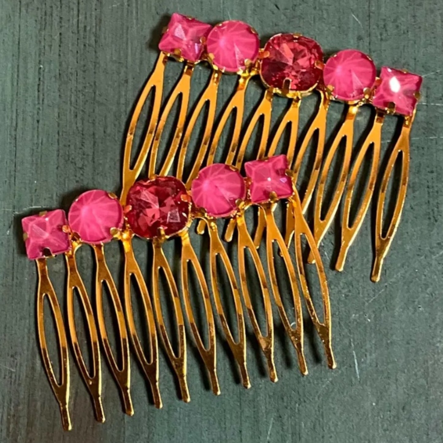 Pink Rhinestones on Gold Hair Comb Set