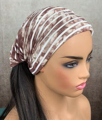 Brown and White Stripe Print Wide Scrunch Headband, Unisex print
