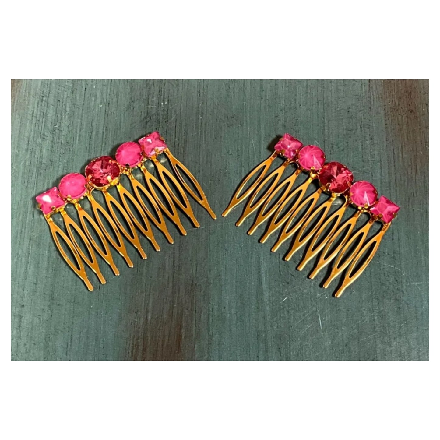 Pink Rhinestones on Gold Hair Comb Set