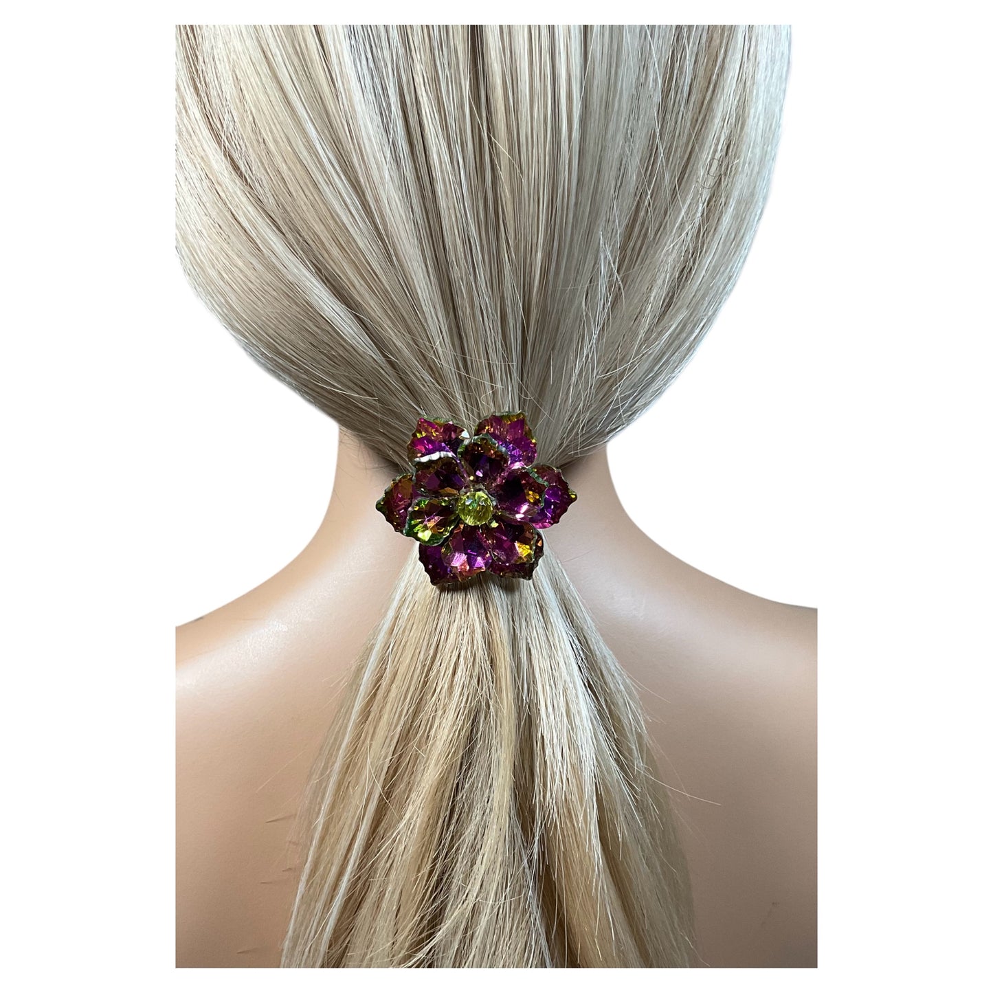 Fuchsia Pink and Yellow Rhinestone Flower Ponytail Holder