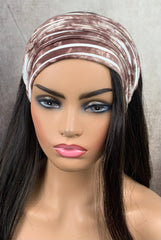 Brown and White Stripe Print Wide Scrunch Headband, Unisex print
