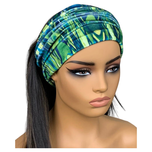 Green and Blue Print Wide Scrunch Headband