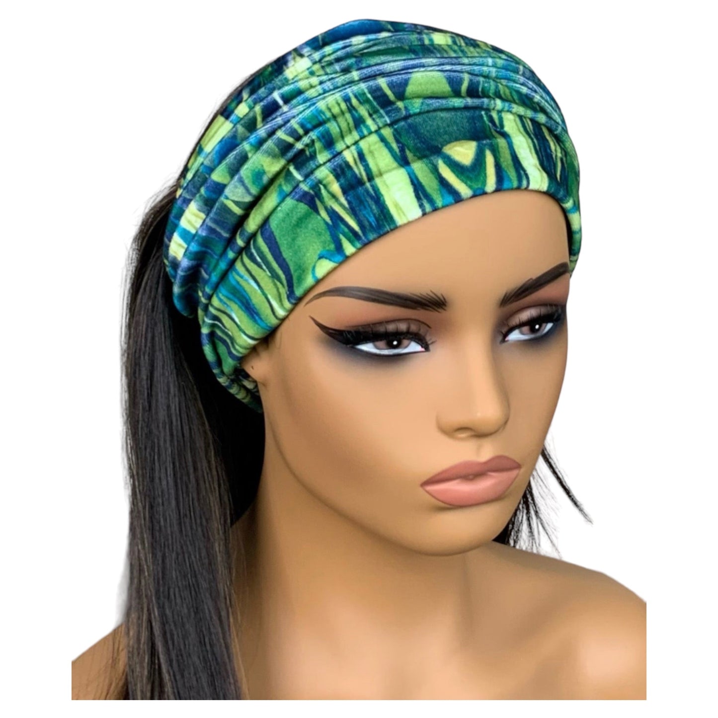 Green and Blue Print Wide Scrunch Headband