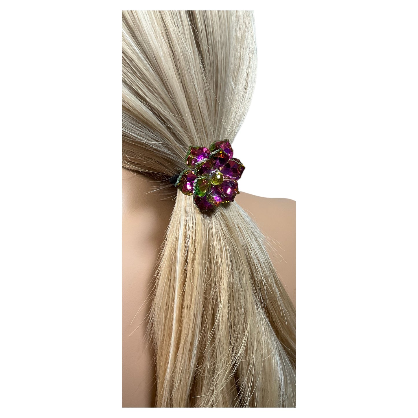 Fuchsia Pink and Yellow Rhinestone Flower Ponytail Holder