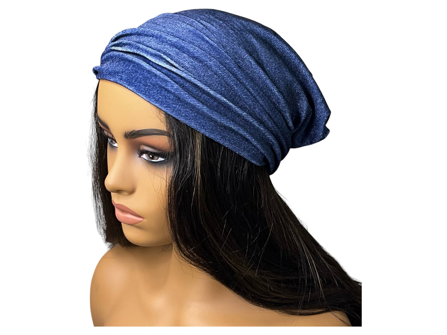 Blue denim print velvet wide scrunch headband