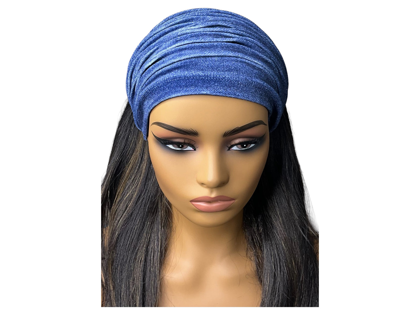 Blue denim print velvet wide scrunch headband