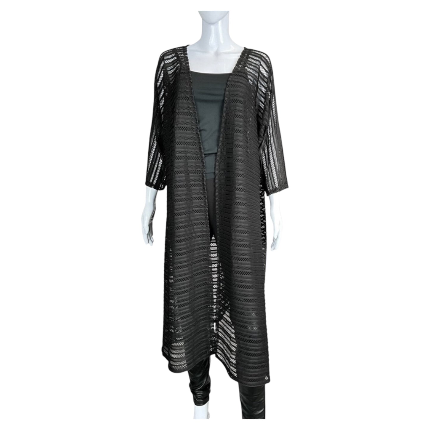 Black Sheer Stripe Mesh Long Kimono