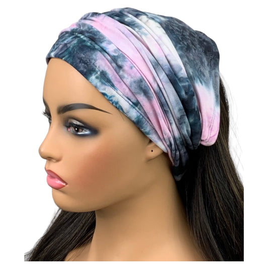 Pink and Gray Tie Dye Wide Scrunch Headband
