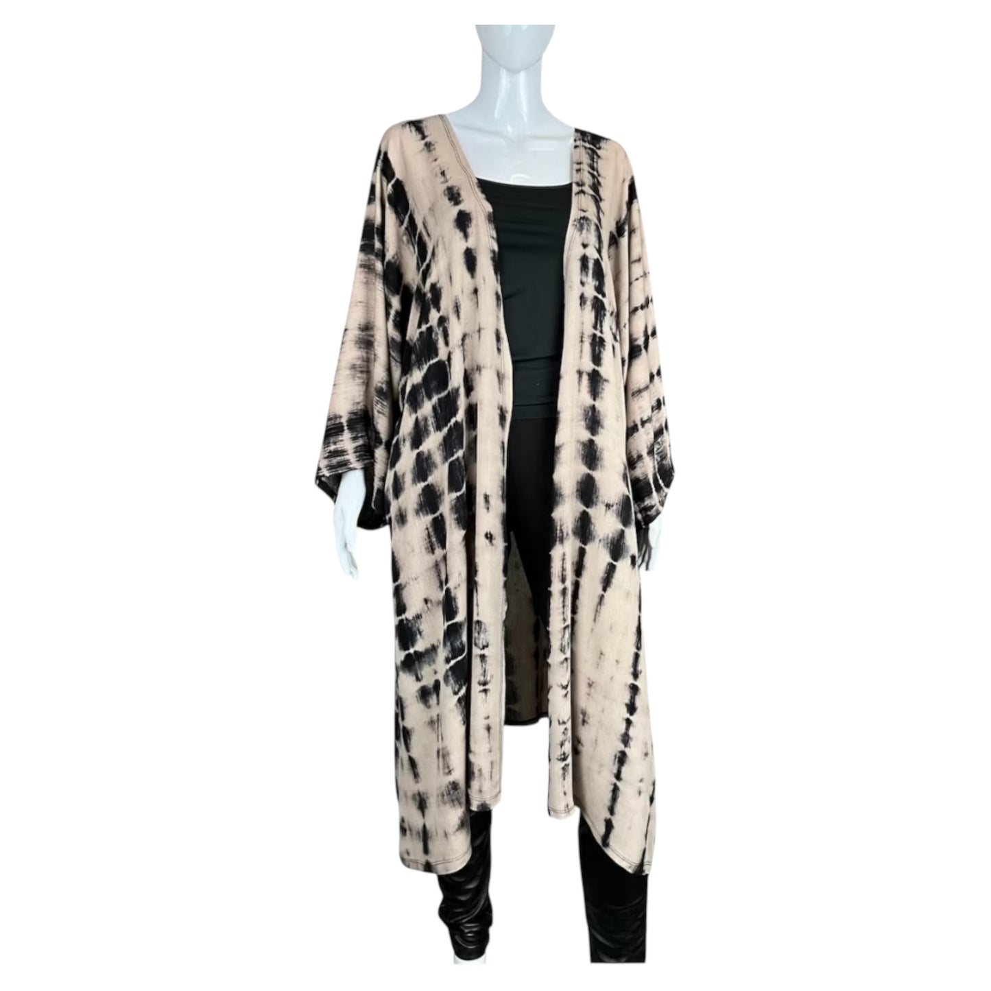 Beige and Black Batik Dyed Long Kimono