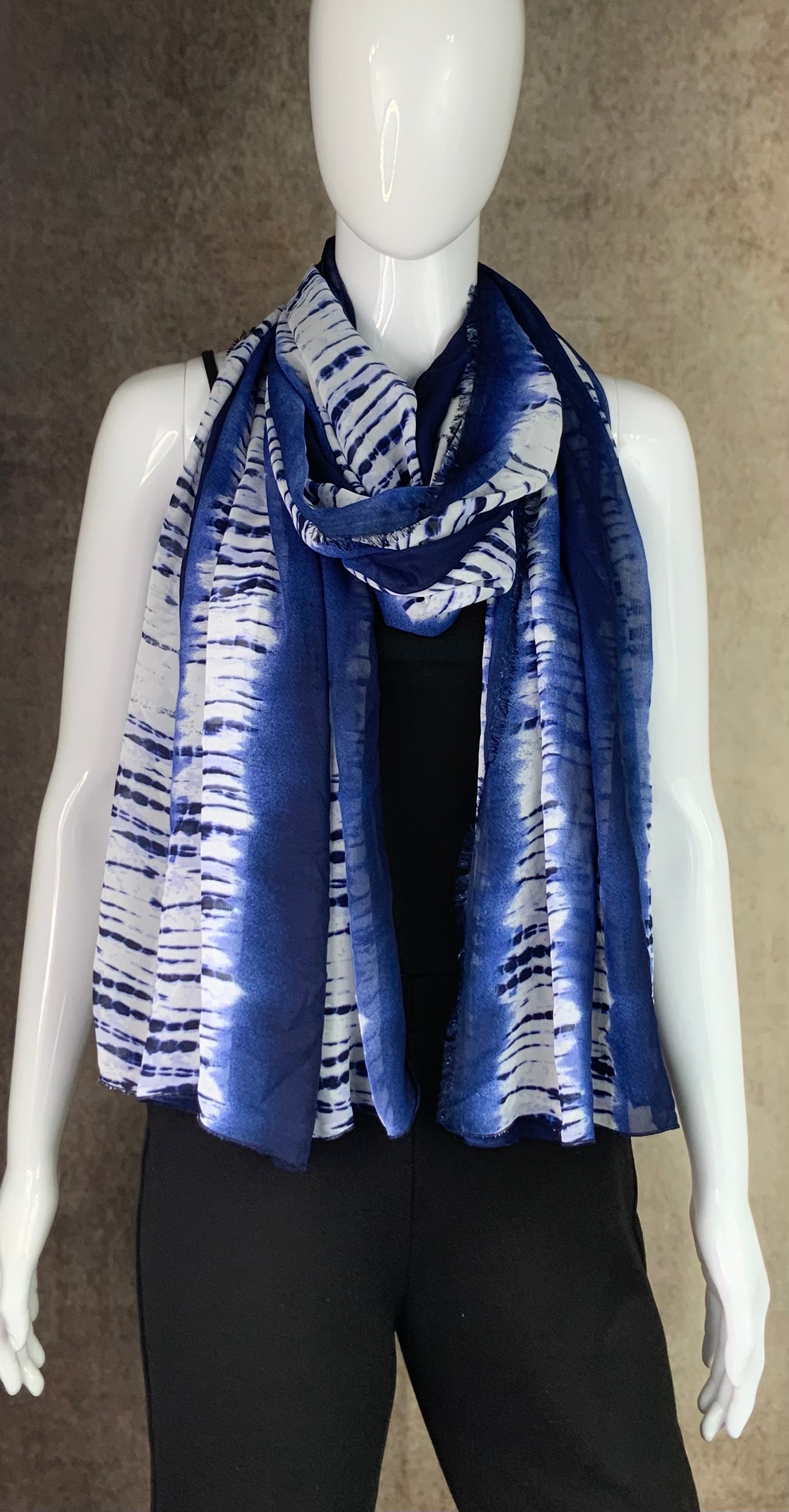 Blue and White Batik Print Chiffon Scarf